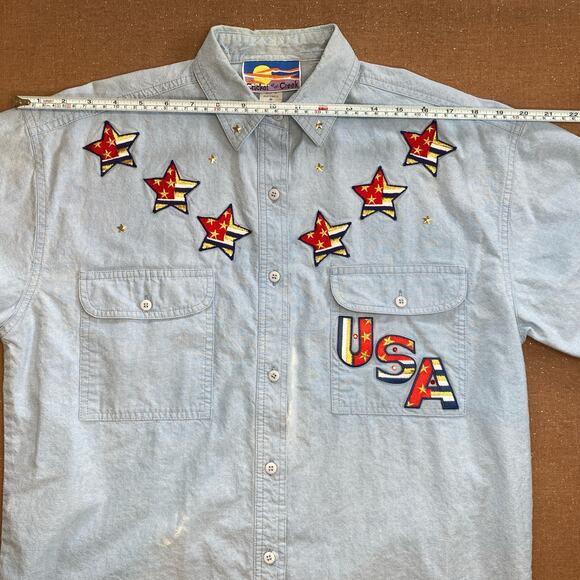 Cricket of the Creek Womens short sleeve denim button up Embroidered Stars VTG M - Picture 10 of 14